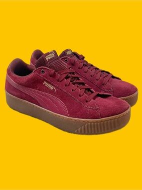 Puma Vikky Platform Burgundy Suede Sneakers Gum Sole Women’s Size 9.5